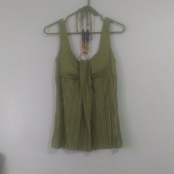 y Tops - Green halter tank top with bead detail.